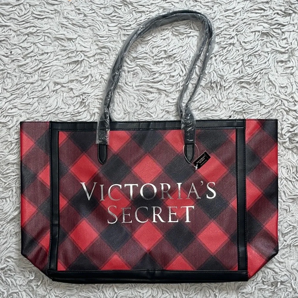 Victoria’s Secret Tote Carryall Bag Red Plaid Buffalo Check New - Picture 2 of 4